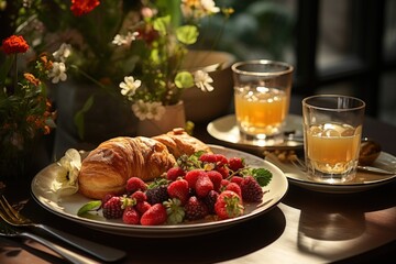 Breakfast with coffee, croissant and fresh berries on table. 