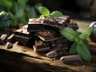 Pieces of dark chocolate with mint leaves on a black background. 