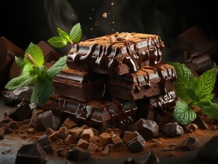 Pieces of dark chocolate with mint leaves on a black background. 