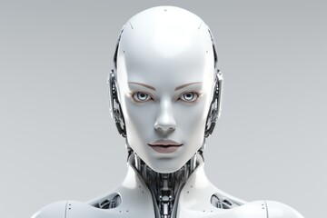 Portrait of a white female anthropomorphic robot, close-up. AI concept.