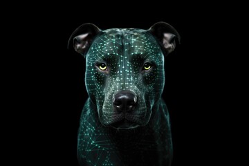 Portrait of pit bull dog with biometric grid on face on black background. Biometrics concept. - obrazy, fototapety, plakaty