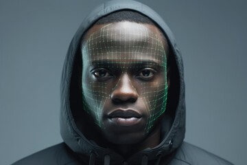 Portrait of a hooded african american man with facial recognition biometric grid on his face.