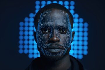 Portrait of an afro-american man with a blue facial recognition biometric grid on his face. Concept of biometrics.