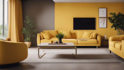 Modern vintage interior living room with lcd tv and small plant