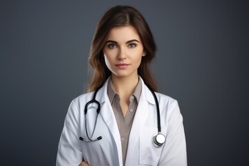 Attractive young female doctor with stethoscope on dark gray background.