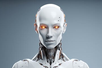 Portrait of a white anthropomorphic robot woman on a gray background, close-up. AI concept. - obrazy, fototapety, plakaty