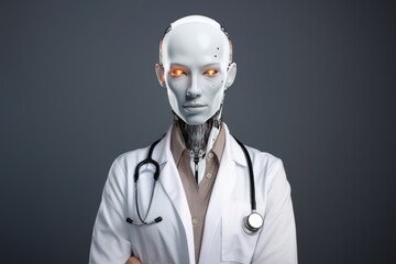 Female portrait of an anthropomorphic robotic doctor with stethoscope on gray background. AI concept in medicine.