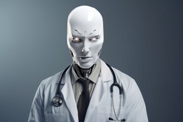 Male portrait of anthropomorphic robot doctor with stethoscope on gray background. AI concept in medicine.