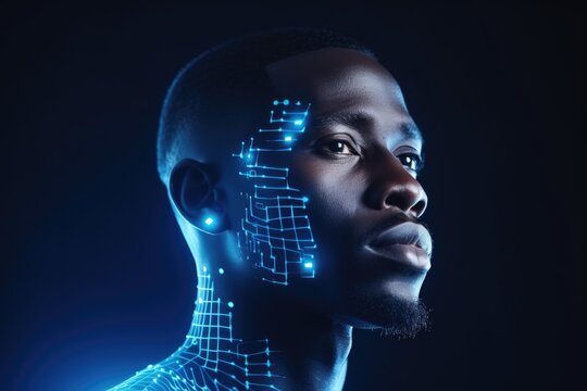 Portrait of an afro-american man in profile with a blue biometric facial recognition grid on his face.