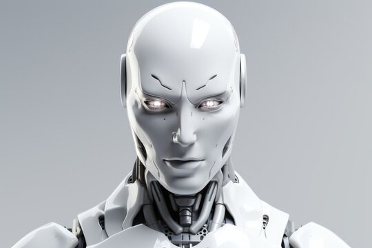Portrait of a white anthropomorphic male robot on a gray background, close-up. AI concept.