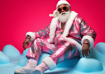 Black Santa Claus in Sparkling Pink Outfit with Red Sunglasses: A Modern Take on Holiday Tradition. Ideal for holiday promotions, inclusive celebrations, and fresh perspectives on Christmas traditions