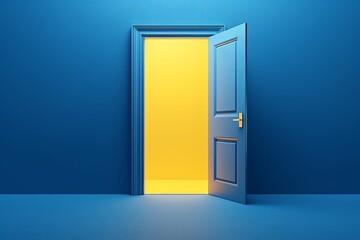 3d render, yellow light going through the open door isolated on blue background. Architectural design element. Modern minimal concept. Opportunity, Generative AI - obrazy, fototapety, plakaty