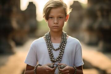 Environmental portrait photography of a jovial boy in his 20s hand on heart donning a stunning statement necklace at the angkor wat in siem reap cambodia. With generative AI technology