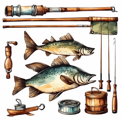 Set of bamboo rods with fish - obrazy, fototapety, plakaty