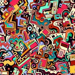 Fototapeta na wymiar Close Up of a Large Group of Different Abstract Fun Funky Whimsical Colorful Busy Ugly Spaghetti Psychedelic Cartoon Swirl Doodle Shapes Subconscious Creativity Expressive Art Forms Pattern Wonderland