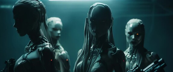 Portrait female cyberpunk soldier in futuristic suit. Fantastic warriors with assault gun standing against wall illuminated by blue neon light in modern city street. Cyberpunk, science fiction. High - Powered by Adobe