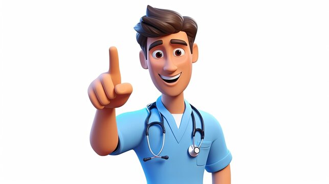 3d render, caucasian young man, nurse cartoon character wears blue shirt, shows forefinger up, looks at camera. Medical isolated clip art. Generative AI