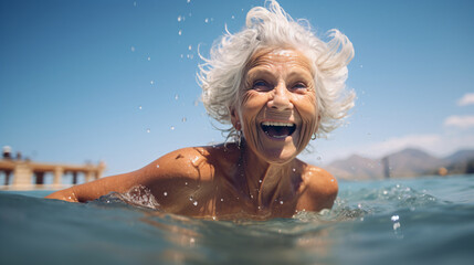 Portrait of a happy senior woman in the sea with blue sky 