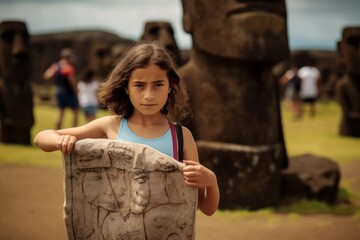 Medium shot portrait photography of a tender kid female holding a map sporting a stylish sports bra at the moai statues of easter island chile. With generative AI technology