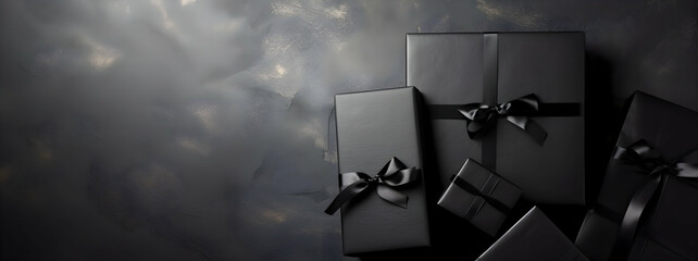 Black gift boxes arranged on dark background, black friday discounts concept