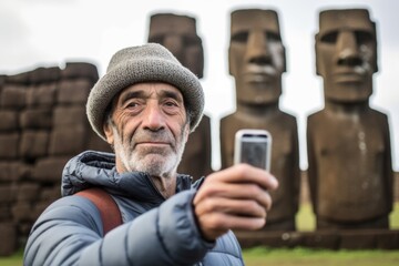 Medium shot portrait photography of a glad mature man holding a smartphone wearing a stylish beret at the moai statues of easter island chile. With generative AI technology