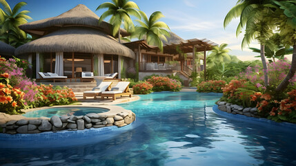 Swimming pool in a tropical resort hotel. Empty designer pool with palm trees and a bungalo, summer vacations