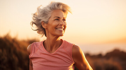 Portrait of smiling senior woman running in field at sunrise. Mature woman jogging outdoors.