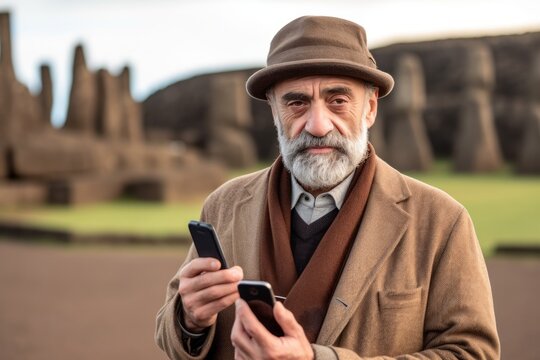 Medium shot portrait photography of a glad mature man holding a smartphone wearing a stylish beret at the moai statues of easter island chile. With generative AI technology