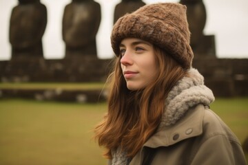 Photography in the style of pensive portraiture of a cheerful girl in her 20s pointing forward wearing a versatile buff at the moai statues of easter island chile. With generative AI technology
