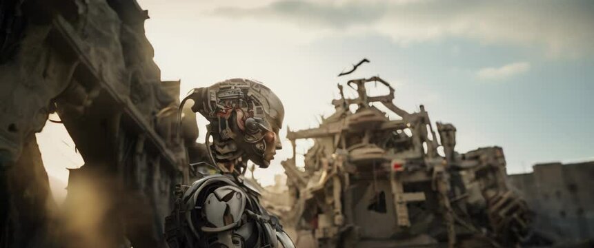 Portrait of female cyborg in white armour standing in ruined town. High quality 4k footage