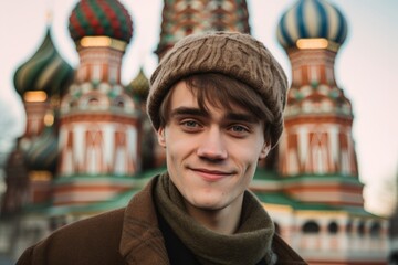 Medium shot portrait photography of a blissful boy in his 20s raising an eyebrow wearing a stylish beret in front of the saint basils cathedral in moscow russia. With generative AI technology