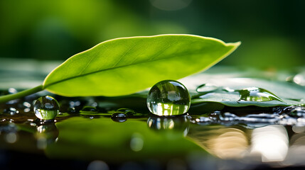 Green leaf with water drops. Nature background. Shallow depth of field. - obrazy, fototapety, plakaty