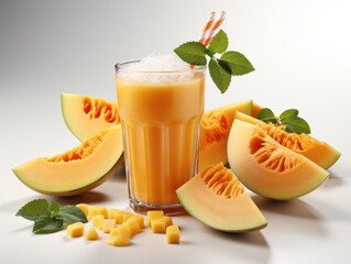 Refreshing melon cocktail with ice and mint on gray background. 