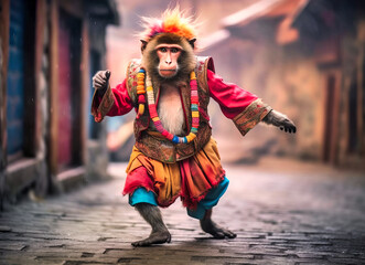 Behold a lively monkey donning a vibrant costume, capturing hearts as it dances exuberantly in a burst of colors
