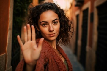 Close-up portrait photography of a merry girl in her 20s making a stop sign with hand wearing a lightweight running vest at the alhambra in granada spain. With generative AI technology