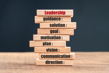 Set of behaviors and ability of a leadership person as text on stack of wooden pieces