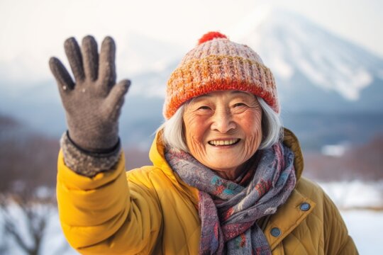 Headshot portrait photography of a cheerful old woman holding hands up in surrender dressed in a warm ski hat near the mount fuji in honshu island japan. With generative AI technology