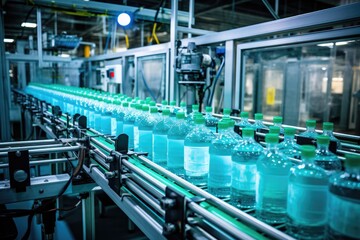 Process of beverage manufacturing on a conveyor belt at a factory.