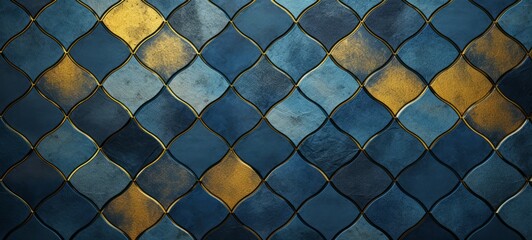 Abstract blue gold mosaic tile wall texture background illustration - Arabesque moroccan marrakech vintage retro ceramic tiles pattern - obrazy, fototapety, plakaty