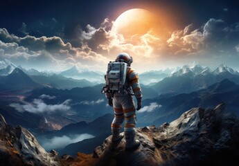 Landscape with an astronaut on the surface of an unknown planet, fiction and fantasy concept. Generative AI