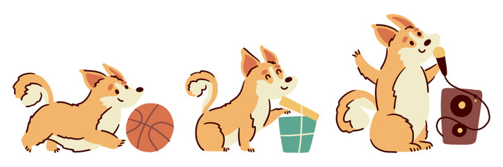 Welsh corgi dogs . Hand drawn style cartoon characters . White isolate background . Vector .