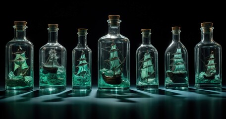 Glass bottles with pirate ship inside, fantasy and imagination concept. Generative AI