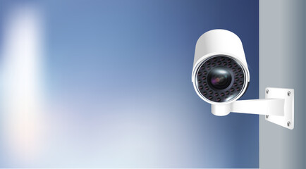 Close up of CCTV camera over defocused background. Security monitoring system for smart home, company. Vector