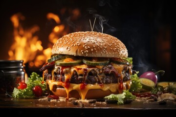 Big tasty cheeseburger on wooden board with fire on background.

