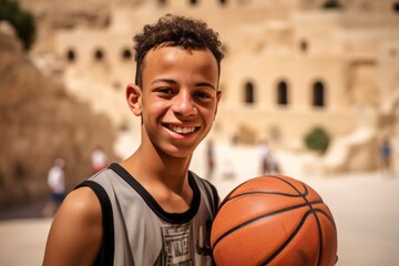 Headshot portrait photography of a happy boy in his 30s holding a pen dressed in a high-performance basketball jersey at the petra in maan jordan. With generative AI technology