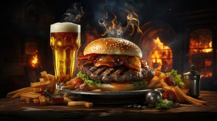 Cheese burger - American cheese burger with Golden French fries and a glass of beer.  - obrazy, fototapety, plakaty