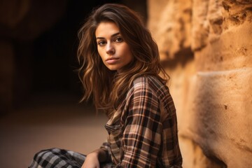 Fototapeta premium Photography in the style of pensive portraiture of a tender girl in her 20s flexing arm muscle wearing a comfy flannel shirt at the petra in maan jordan. With generative AI technology