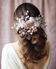 ロングヘアの花嫁の美しいヘアスタイル　淡い色の花を髪に飾る美しい後ろ姿