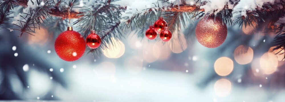 Christmas balls hanging on frozen pine branches, holiday and celebration concept. Generative AI