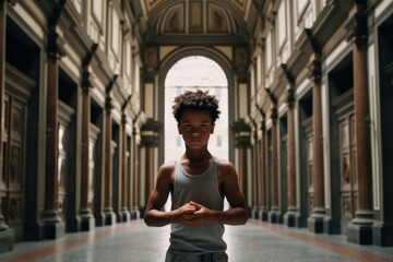 Conceptual portrait photography of a satisfied boy in his 30s shaking hands sporting a stylish sports bra at the uffizi gallery in florence italy. With generative AI technology